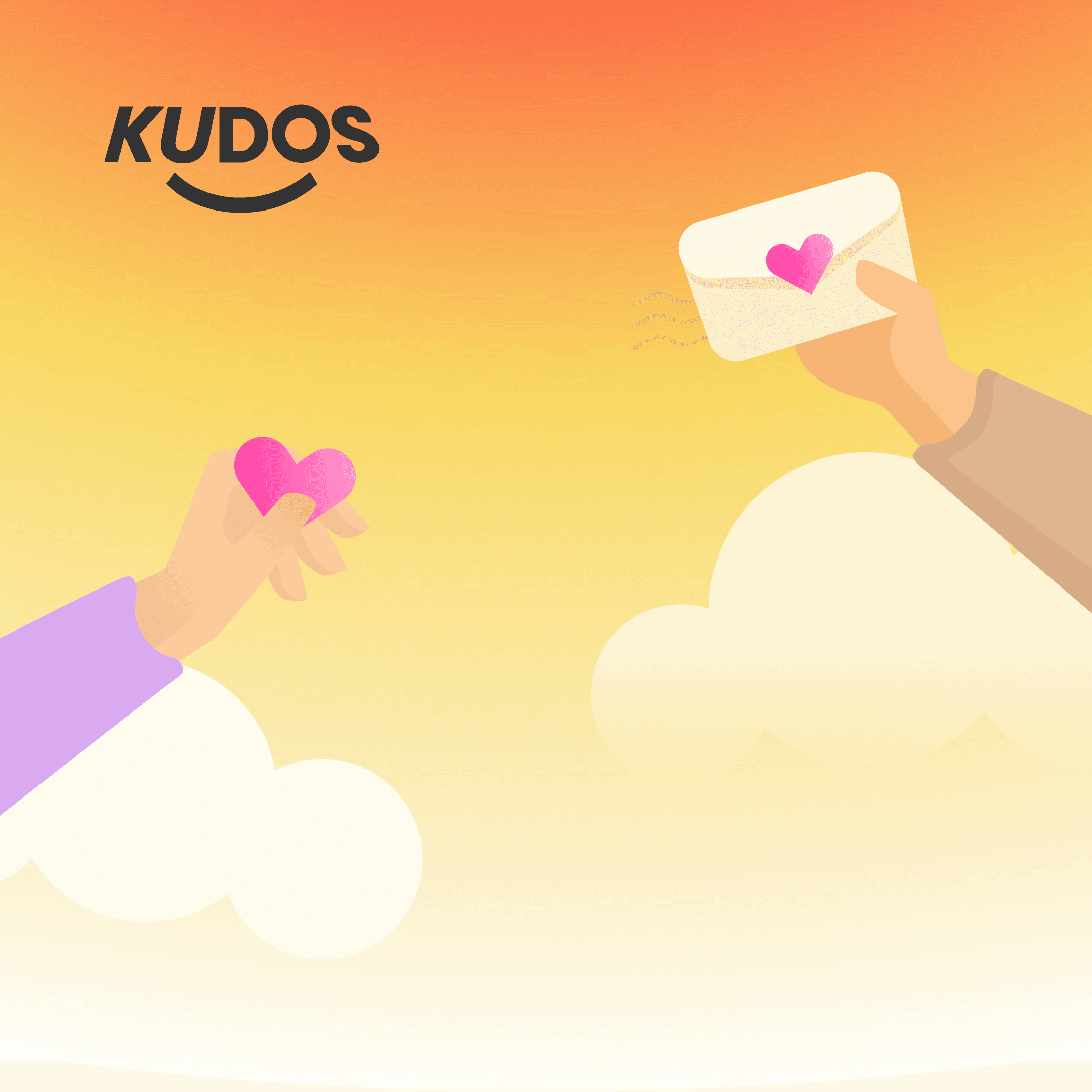 Kudos illustration with hands exchanging a heart and letter