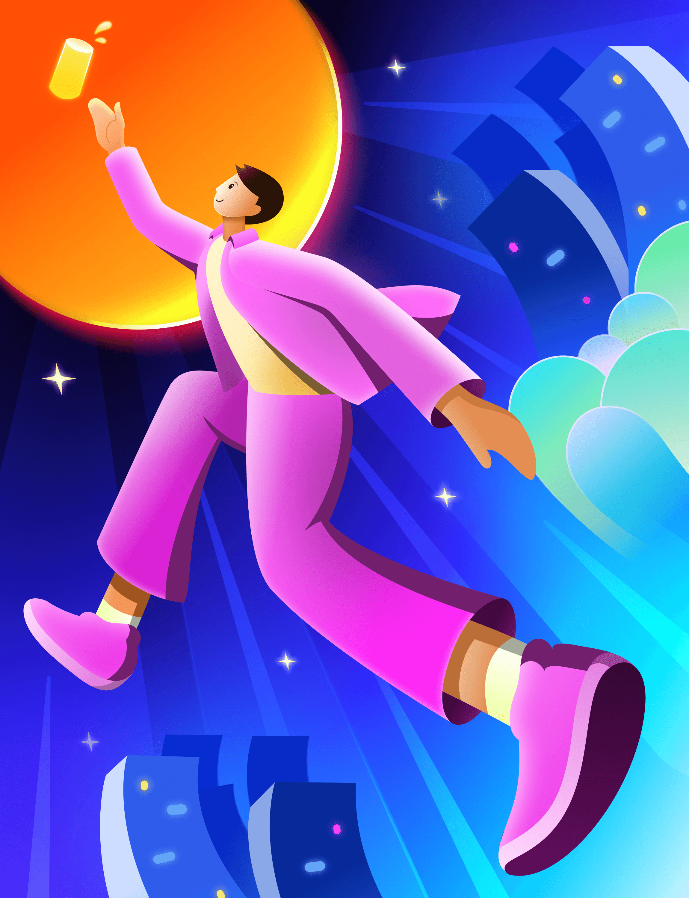 Figure in pink moving through a luminous night city