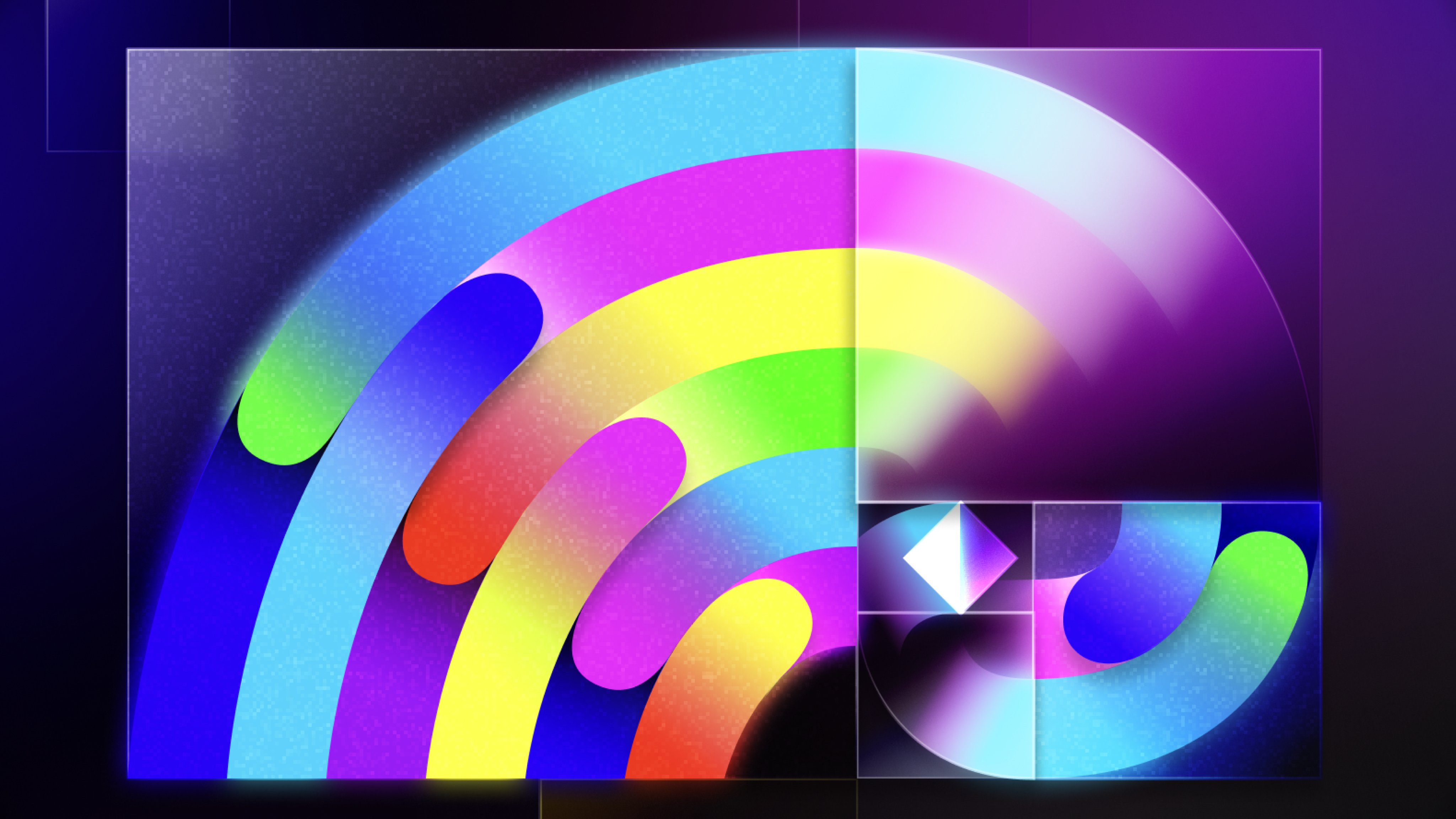 Neon rainbow arcs assembled within a geometric grid