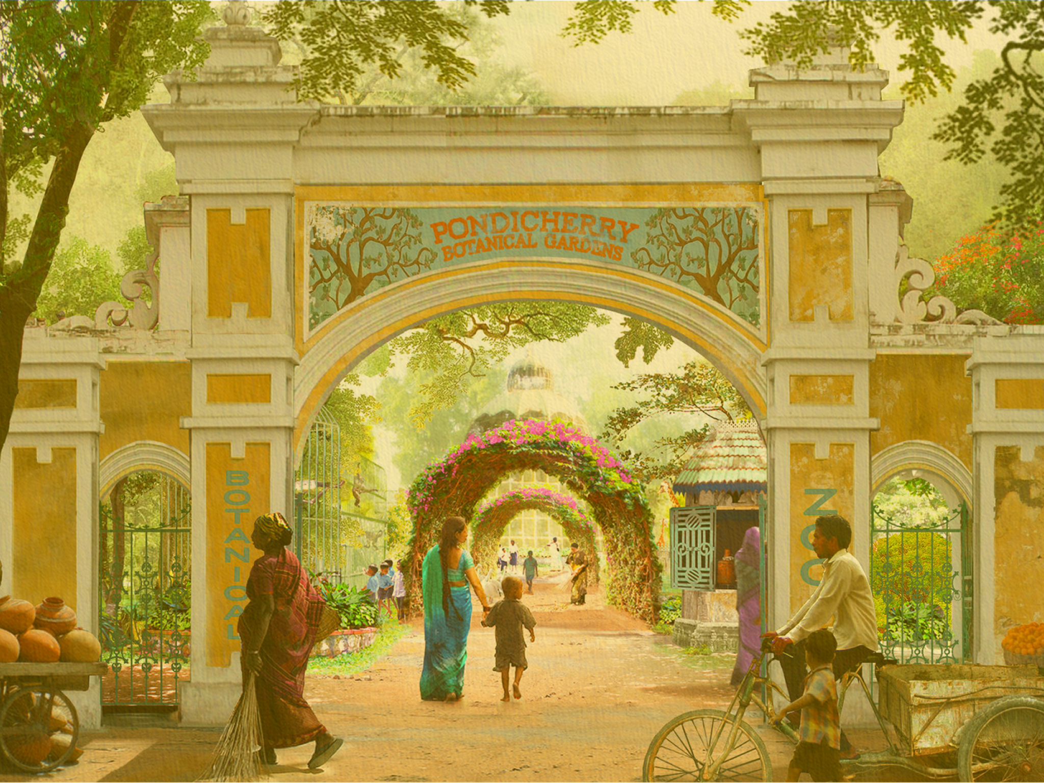 Illustrated photograph of the Pondicherry Botanical Garden archway