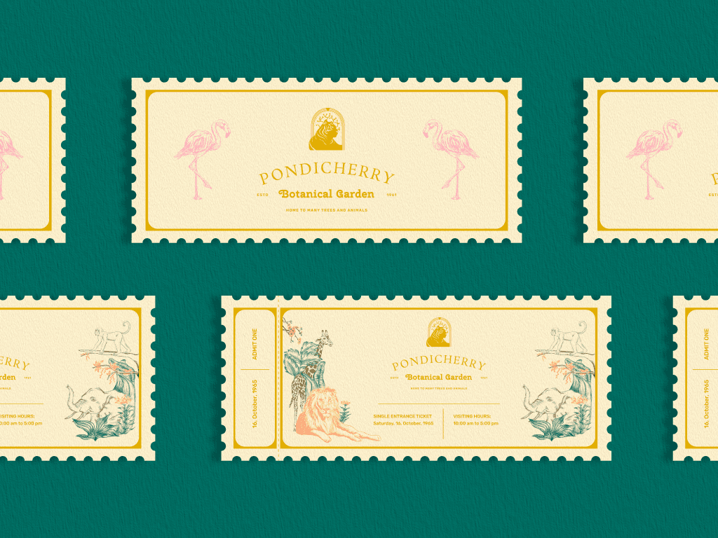 Pondicherry Botanical Garden stamp and ticket layout