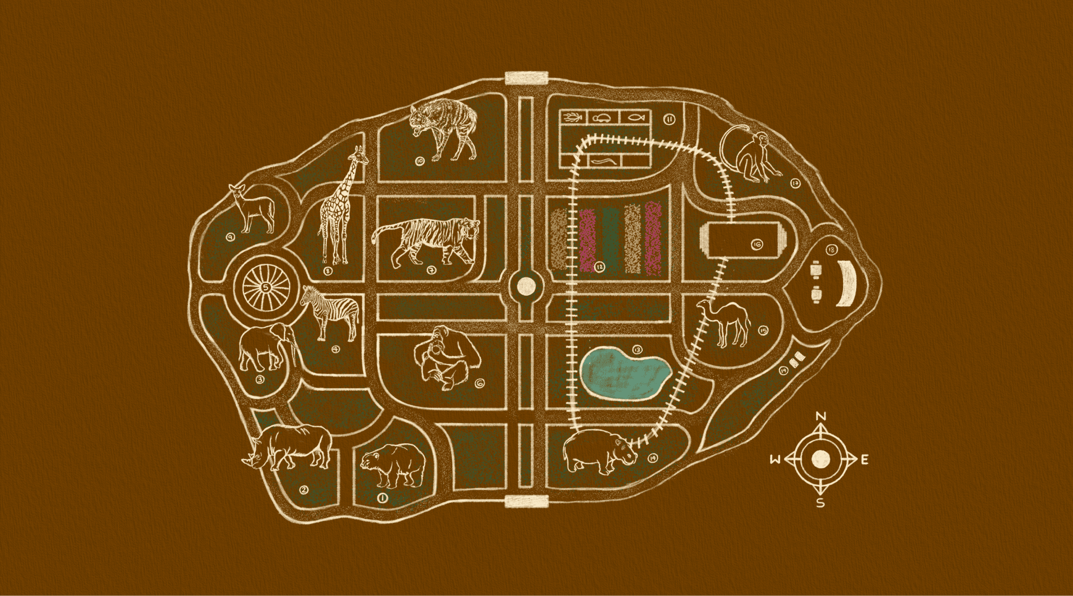 Illustrated Pondicherry Botanical Garden map on brown