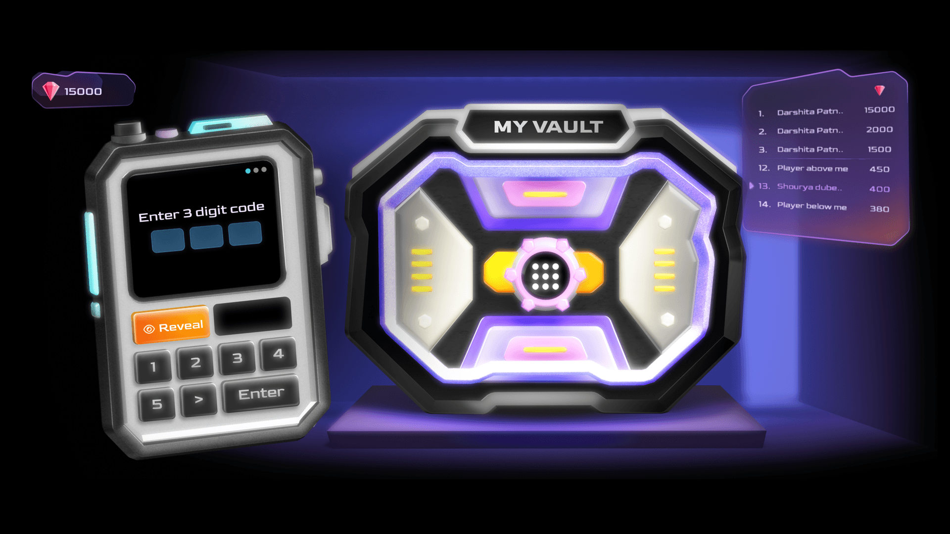 Code Busters gameplay showing a handheld password device, illuminated vault, score, and player ranking