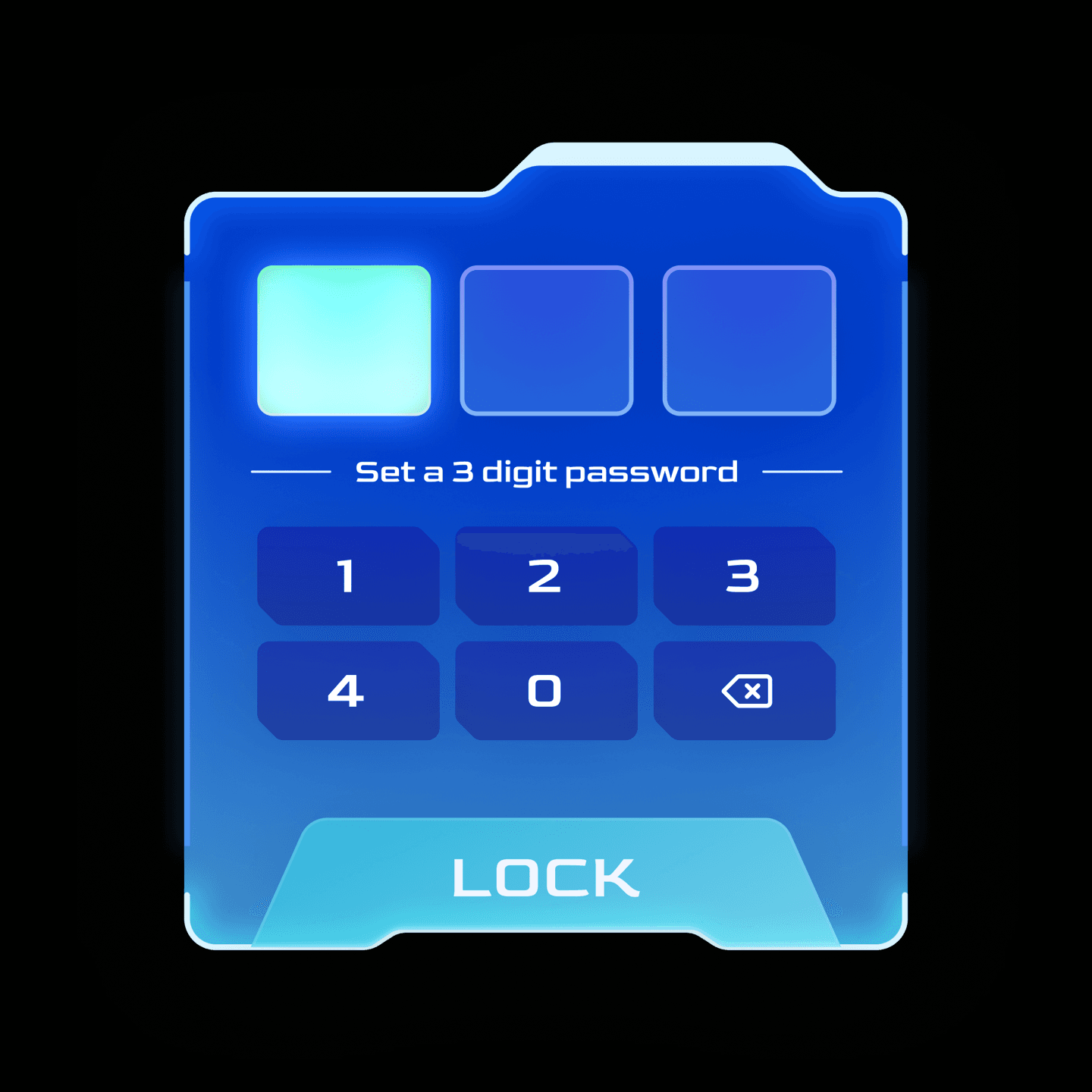Blue Code Busters interface for setting a three-digit vault password