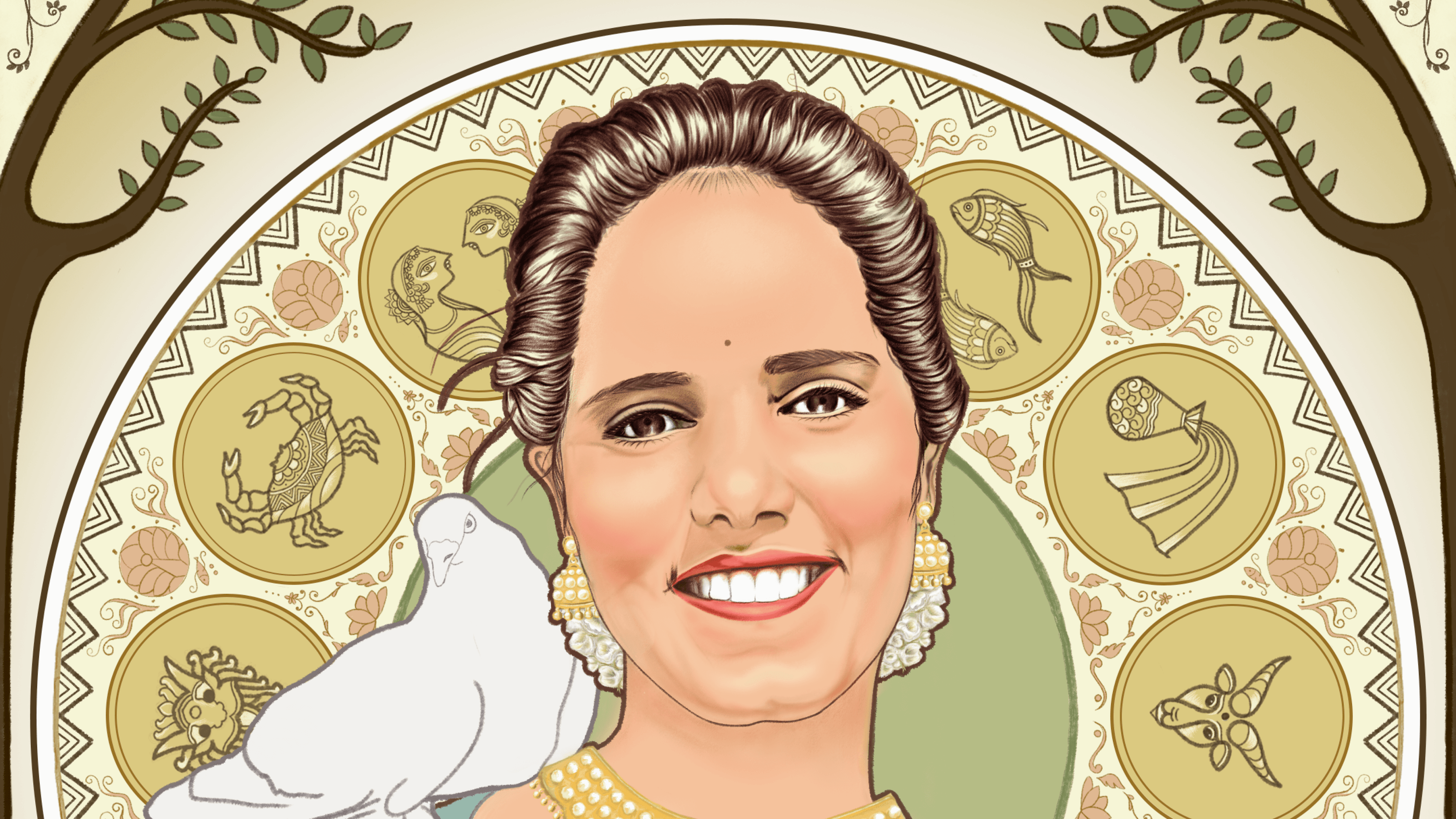 Wide close-up of Manavi surrounded by Madhubani-inspired motifs