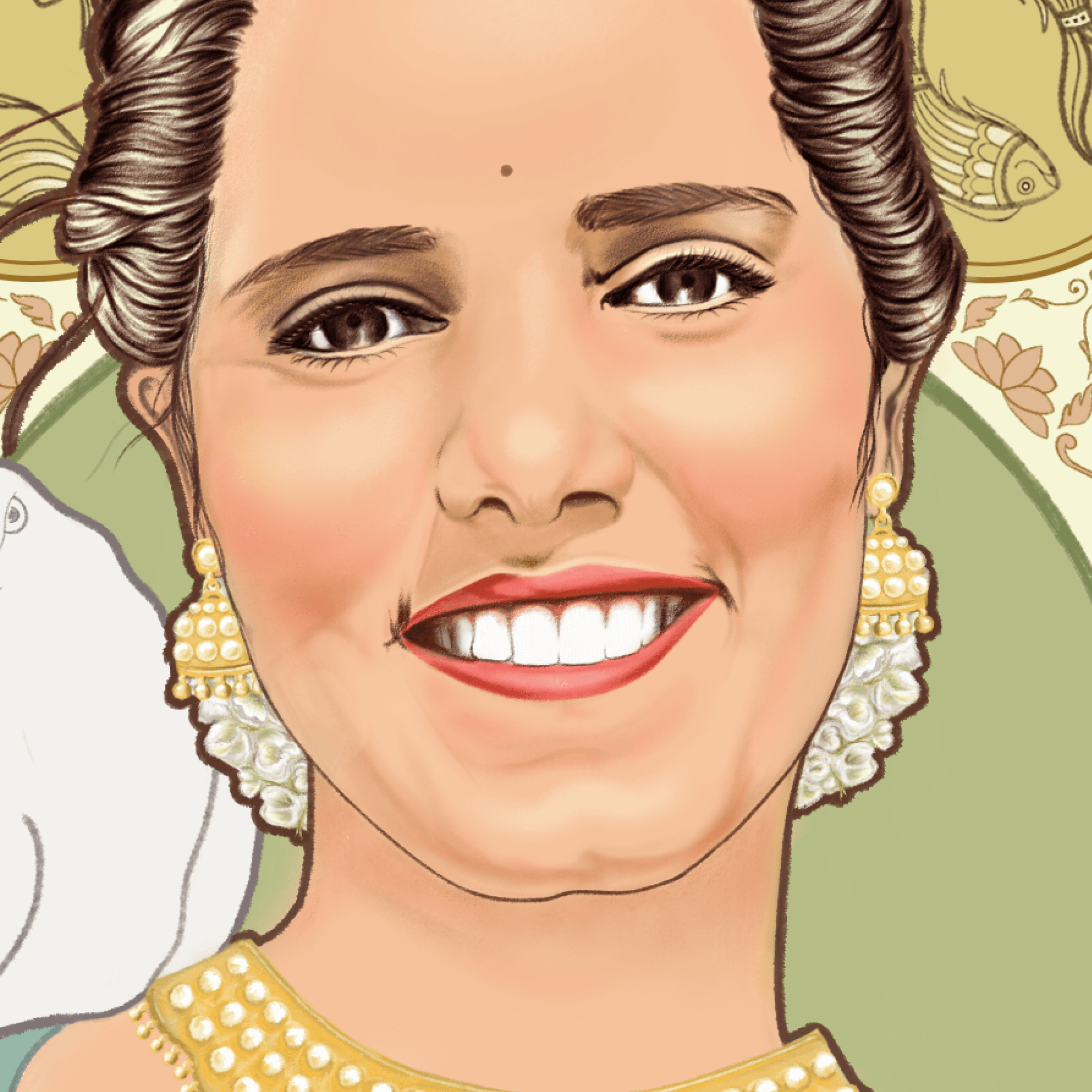Close-up illustration of Manavi's face and jewellery