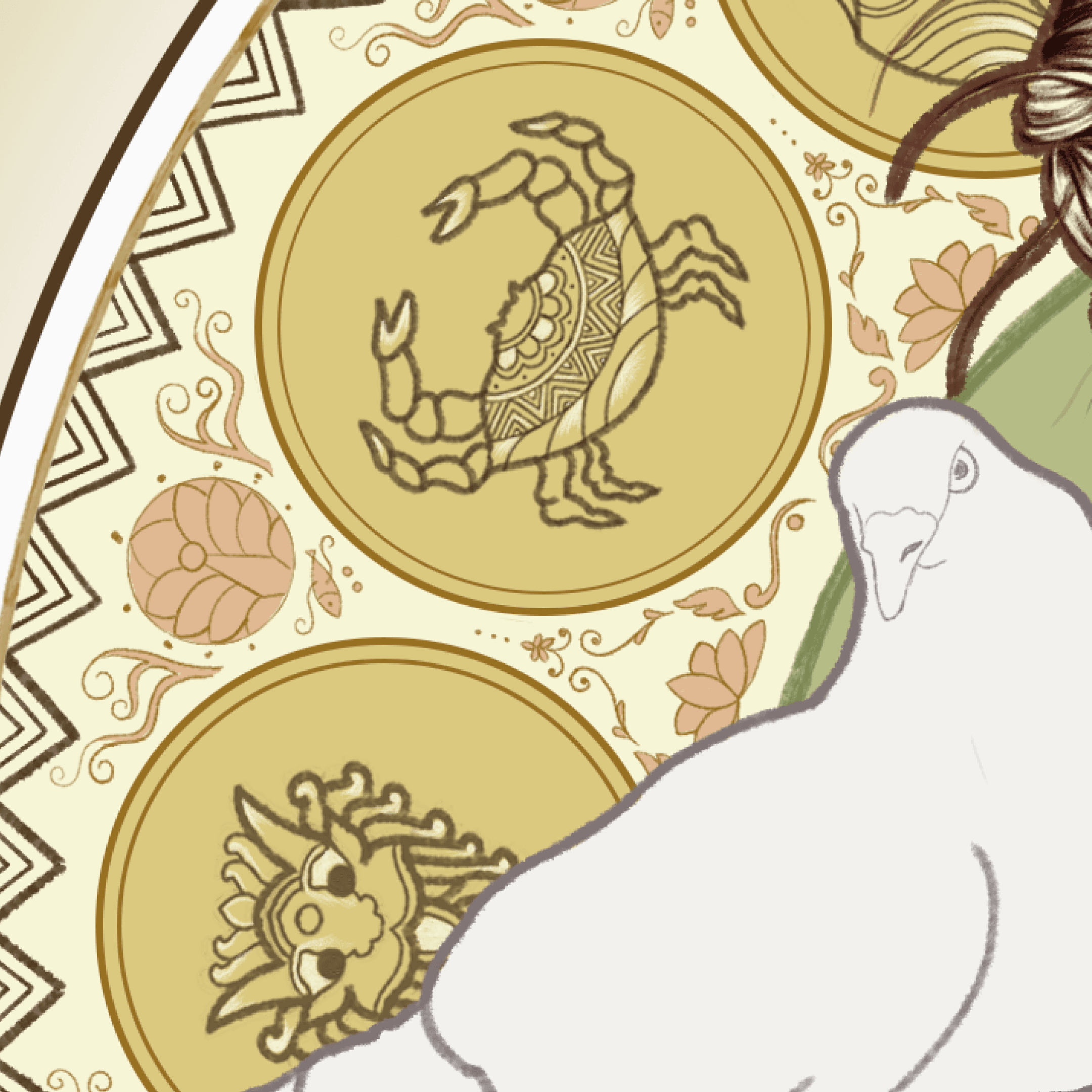 Madhubani-style scorpion motif beside a white dove