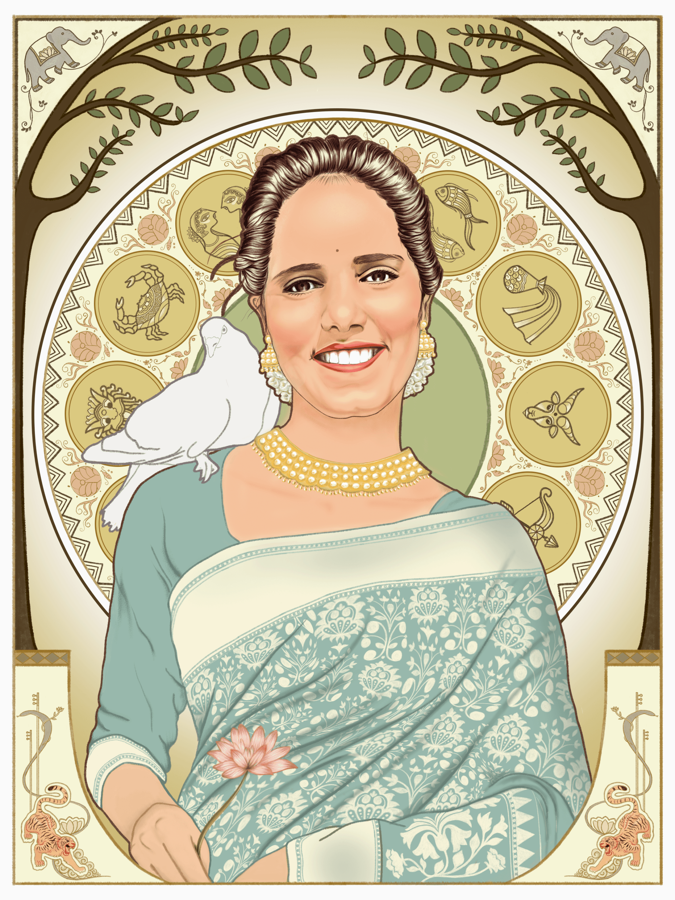 Full Manavi portrait combining Art Nouveau and Madhubani influences