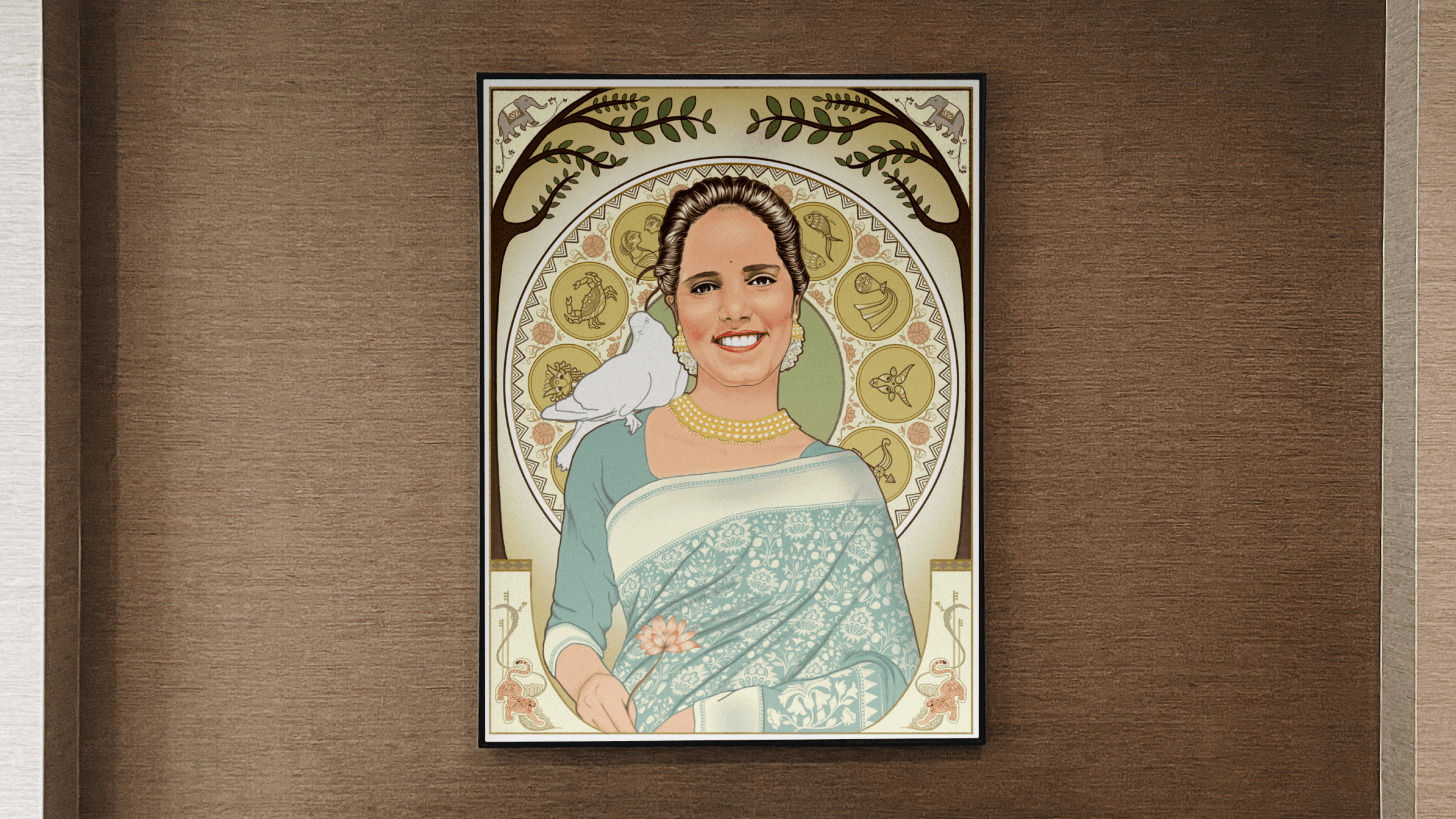 Finished Manavi portrait displayed in a frame