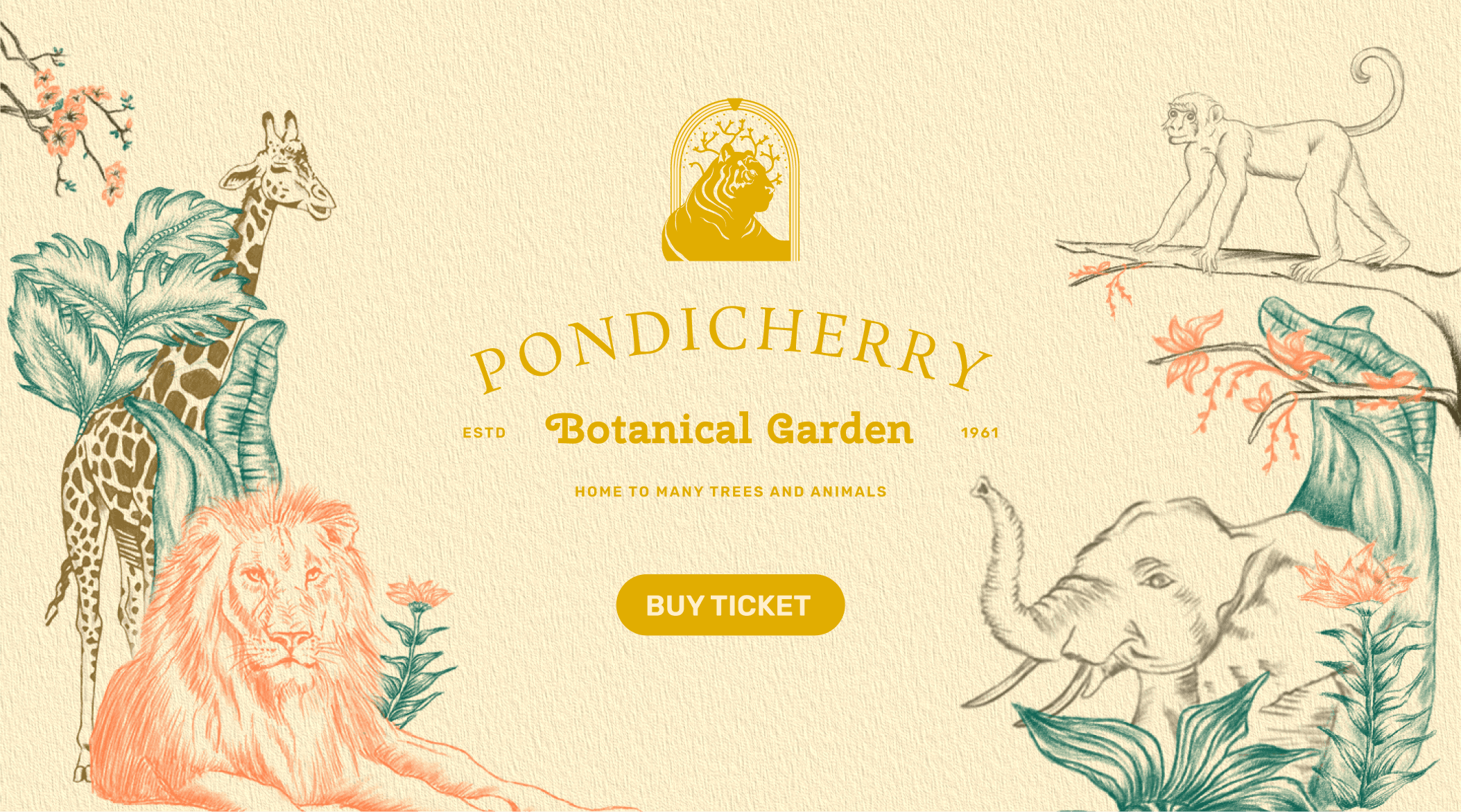 Pondicherry Botanical Garden website homepage with illustrated animals
