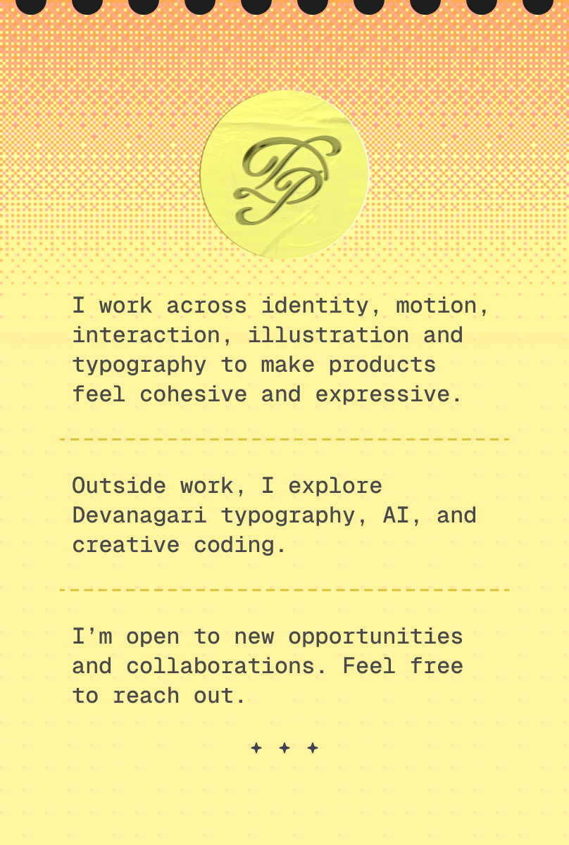 Darshita Patankar's design practice, interests, and availability